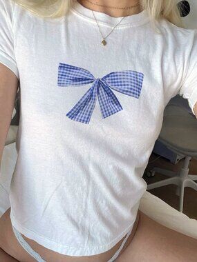 Blue Gingham Bow Baby Tee